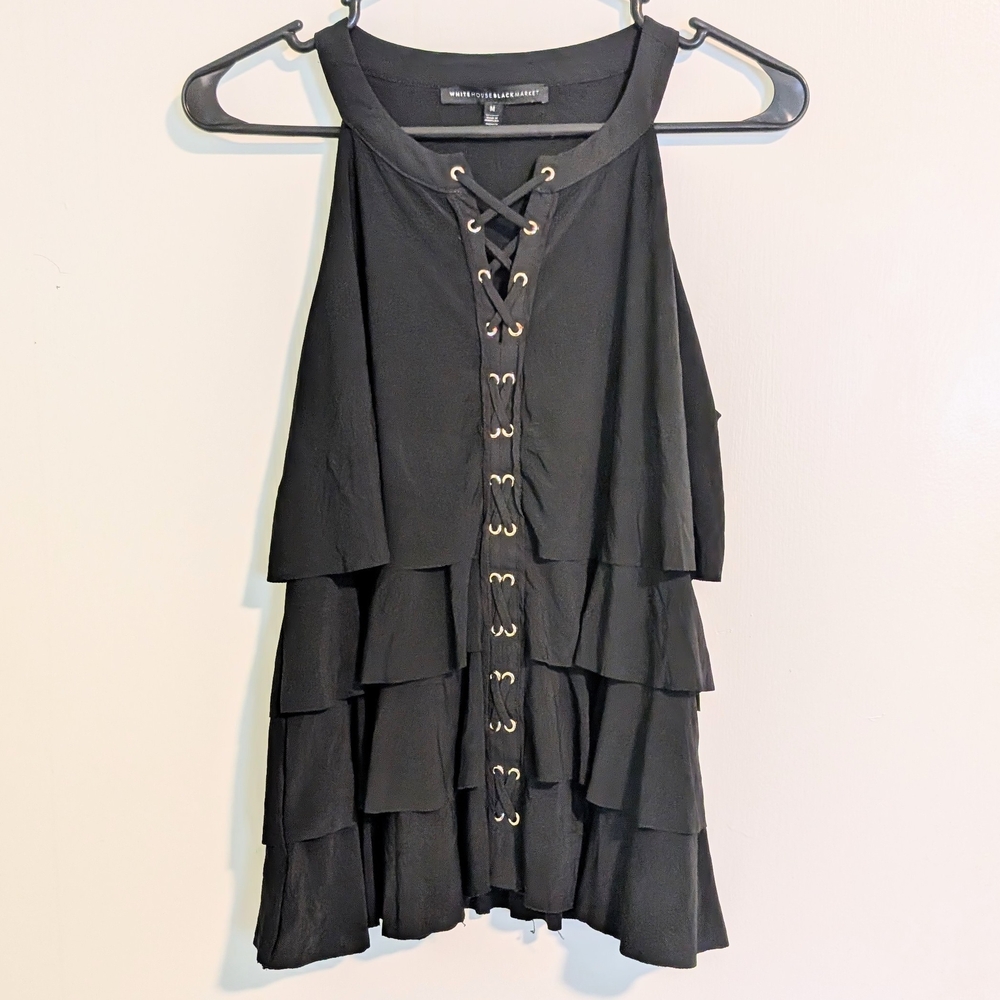 White House Black Market Ruffle Front Tie Black Sleeveless Blouse Size Medium